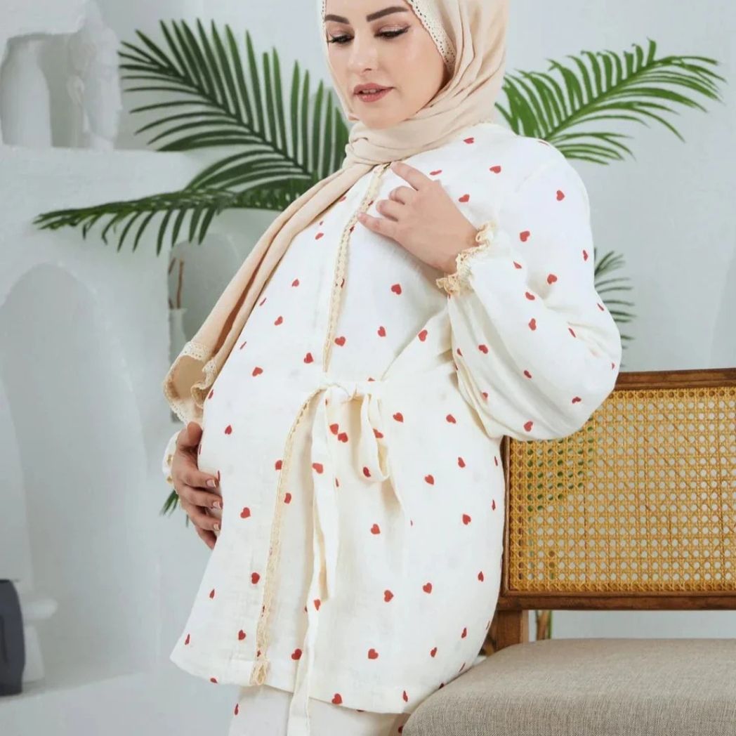 Lohusa Takımı | Alt Üst Pijama Takımı | Kalp Desenli | DLB 1003