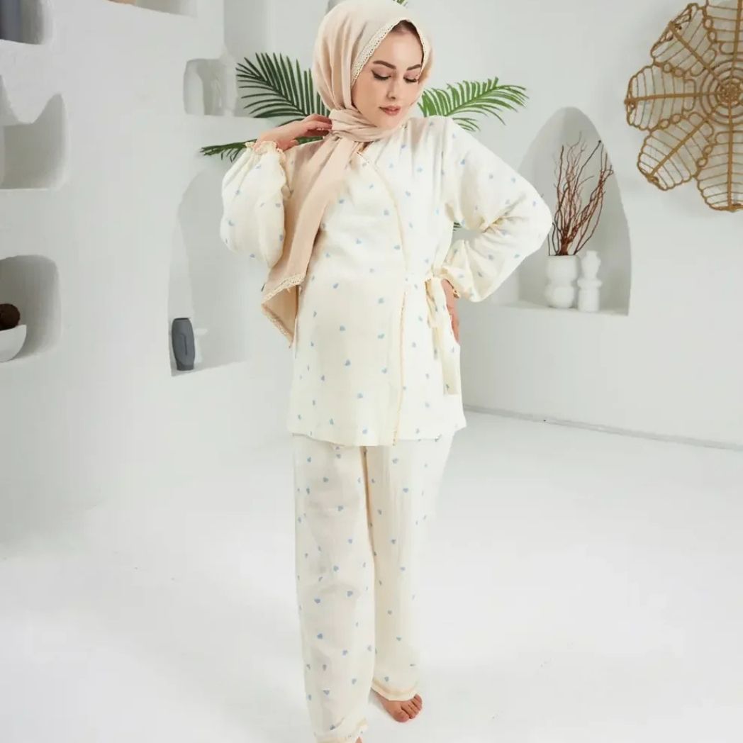 Lohusa Takımı | Alt Üst Pijama Takımı | Kalp Desenli | DLB 1003 - Mavi