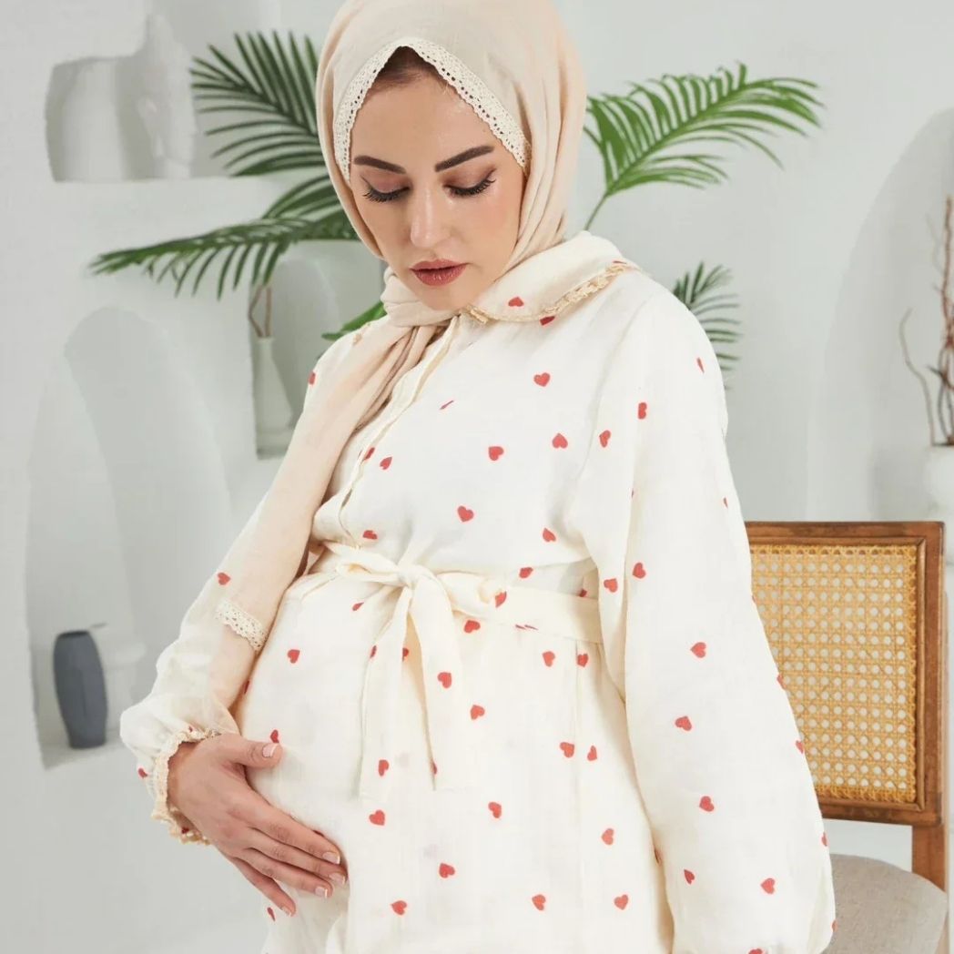 Bebe Yaka Pijama Takımı | Lohusa Takımı | Kalp Desenli | DLB 1004