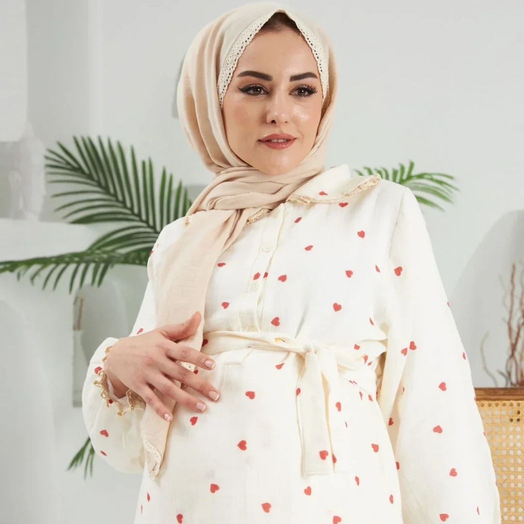 Bebe Yaka Pijama Takımı | Lohusa Takımı | Kalp Desenli | DLB 1004 - Kırmızı