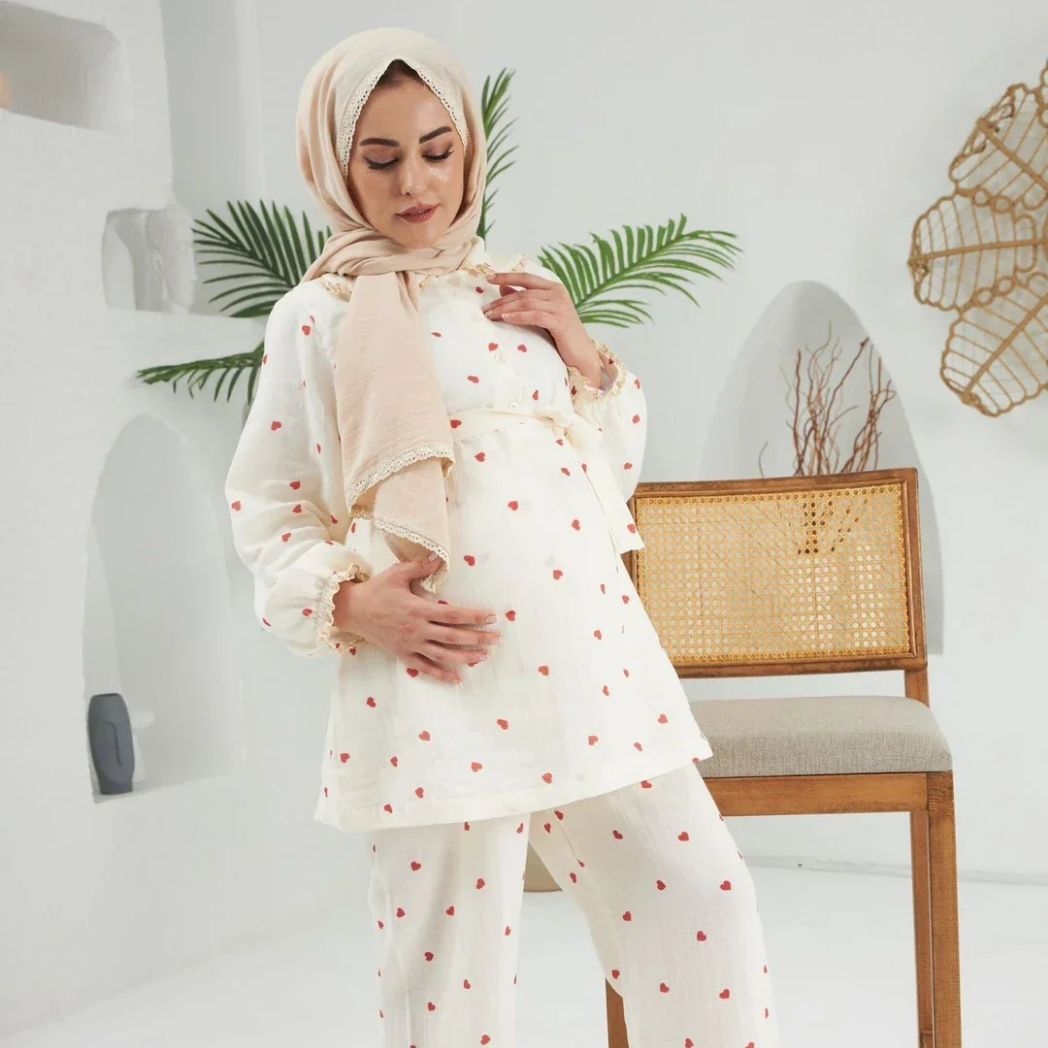 Bebe Yaka Pijama Takımı | Lohusa Takımı | Kalp Desenli | DLB 1004