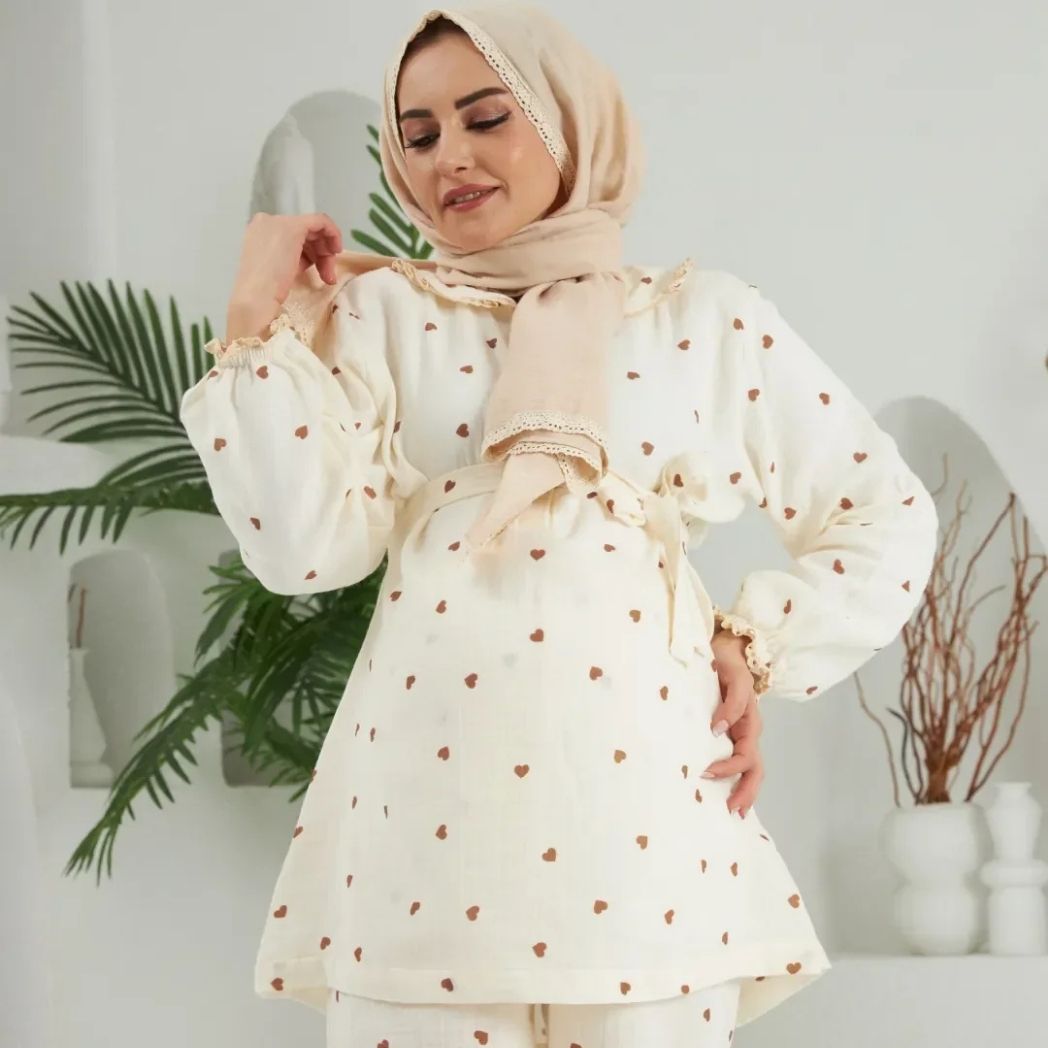 Bebe Yaka Pijama Takımı | Lohusa Takımı | Kalp Desenli | DLB 1004 - Kahverengi