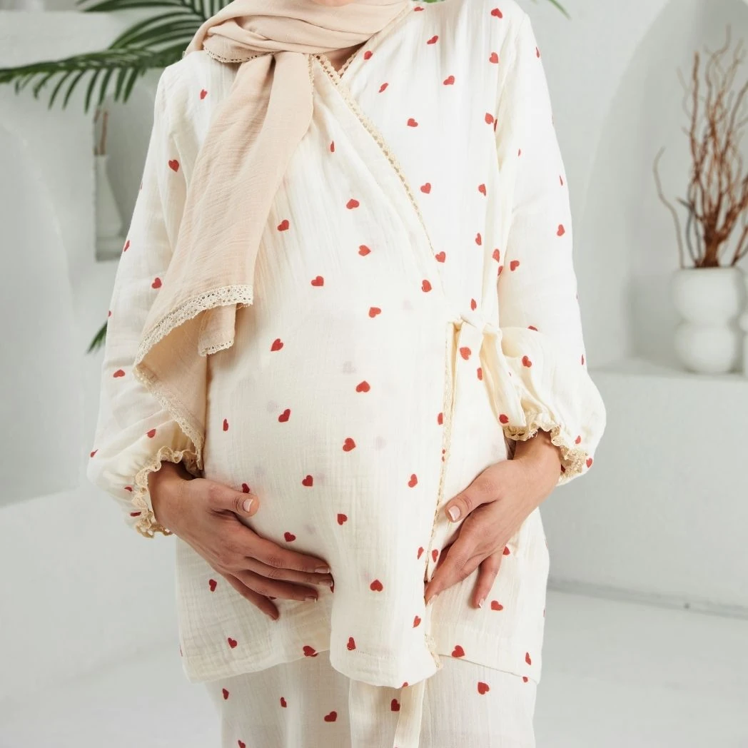 Lohusa Takımı | Alt Üst Pijama Takımı | Kalp Desenli | DLB 1003