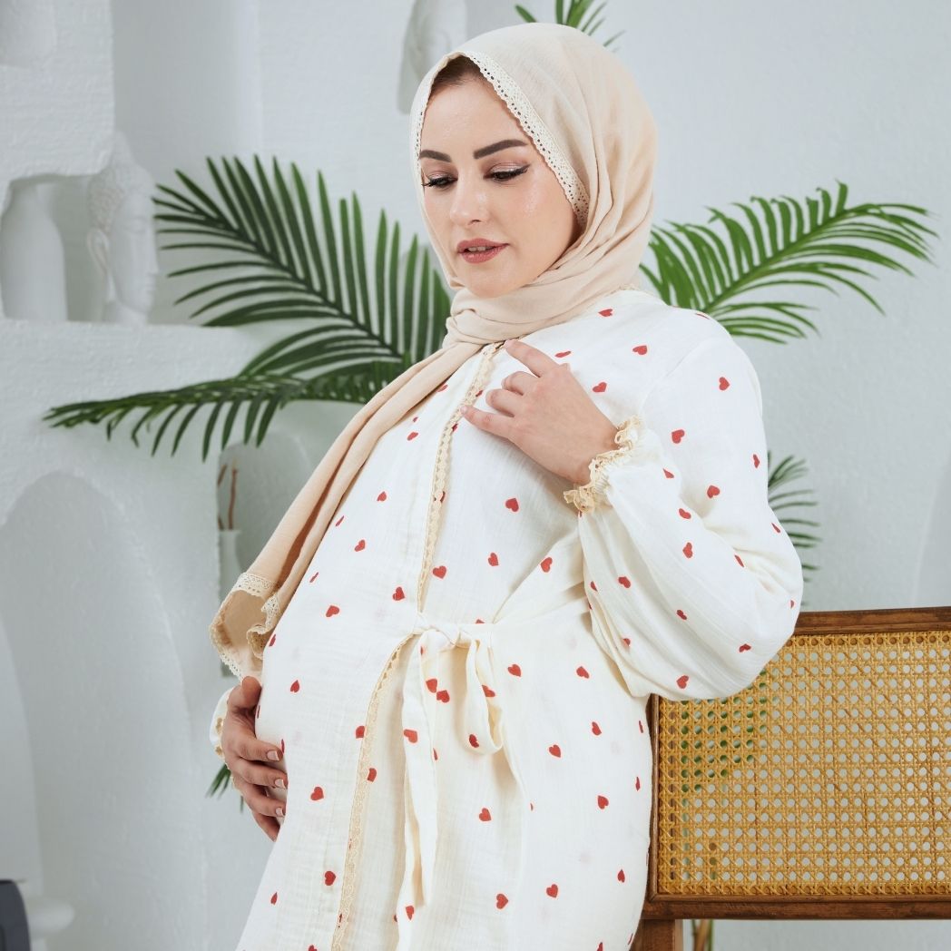 Lohusa Takımı | Alt Üst Pijama Takımı | Kalp Desenli | DLB 1003 - Kırmızı