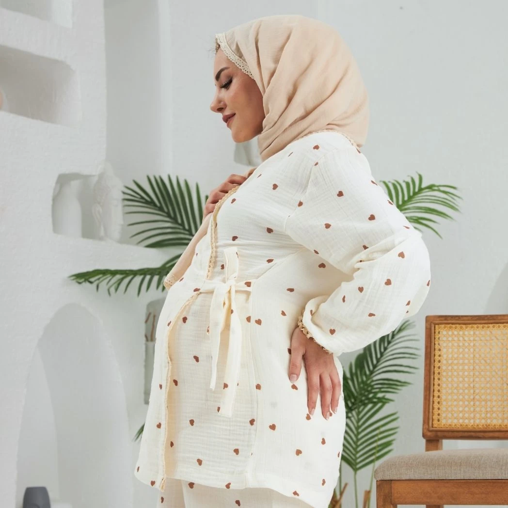 Lohusa Takımı | Alt Üst Pijama Takımı | Kalp Desenli | DLB 1003 - Kahverengi