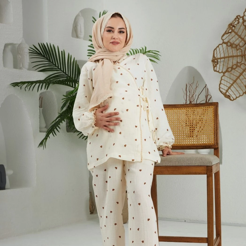 Lohusa Takımı | Alt Üst Pijama Takımı | Kalp Desenli | DLB 1003 - Kahverengi