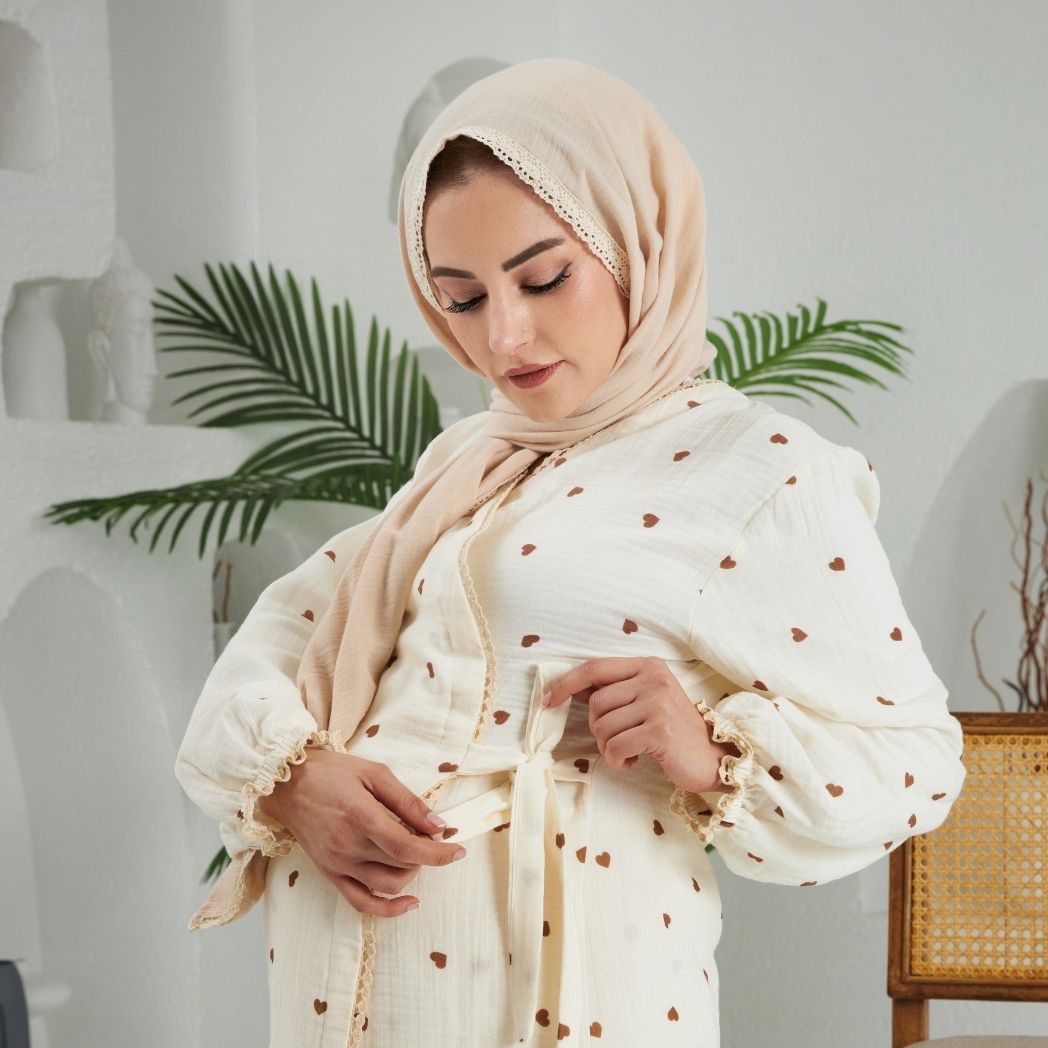 Lohusa Takımı | Alt Üst Pijama Takımı | Kalp Desenli | DLB 1003 - Kahverengi