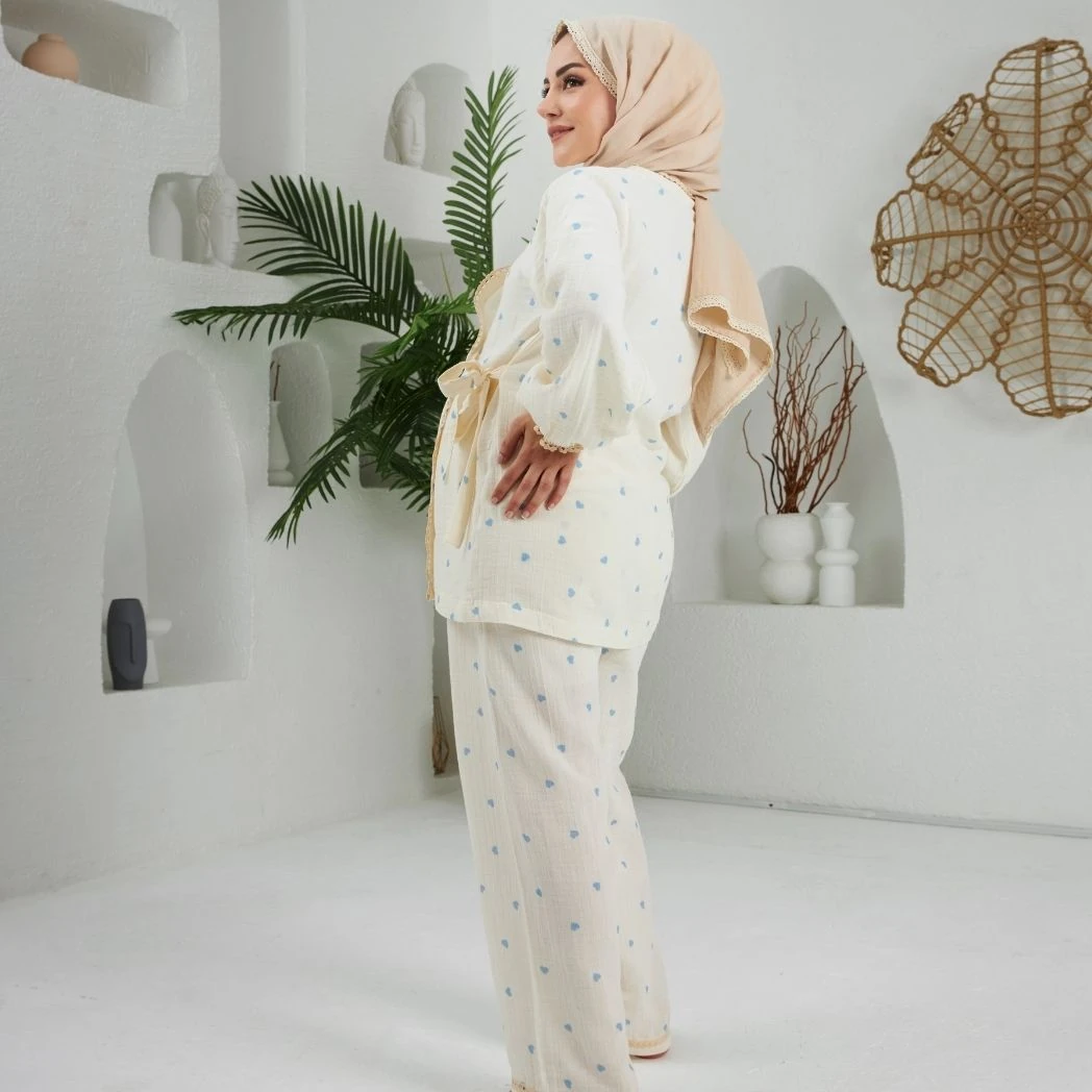 Lohusa Takımı | Alt Üst Pijama Takımı | Kalp Desenli | DLB 1003 - Mavi