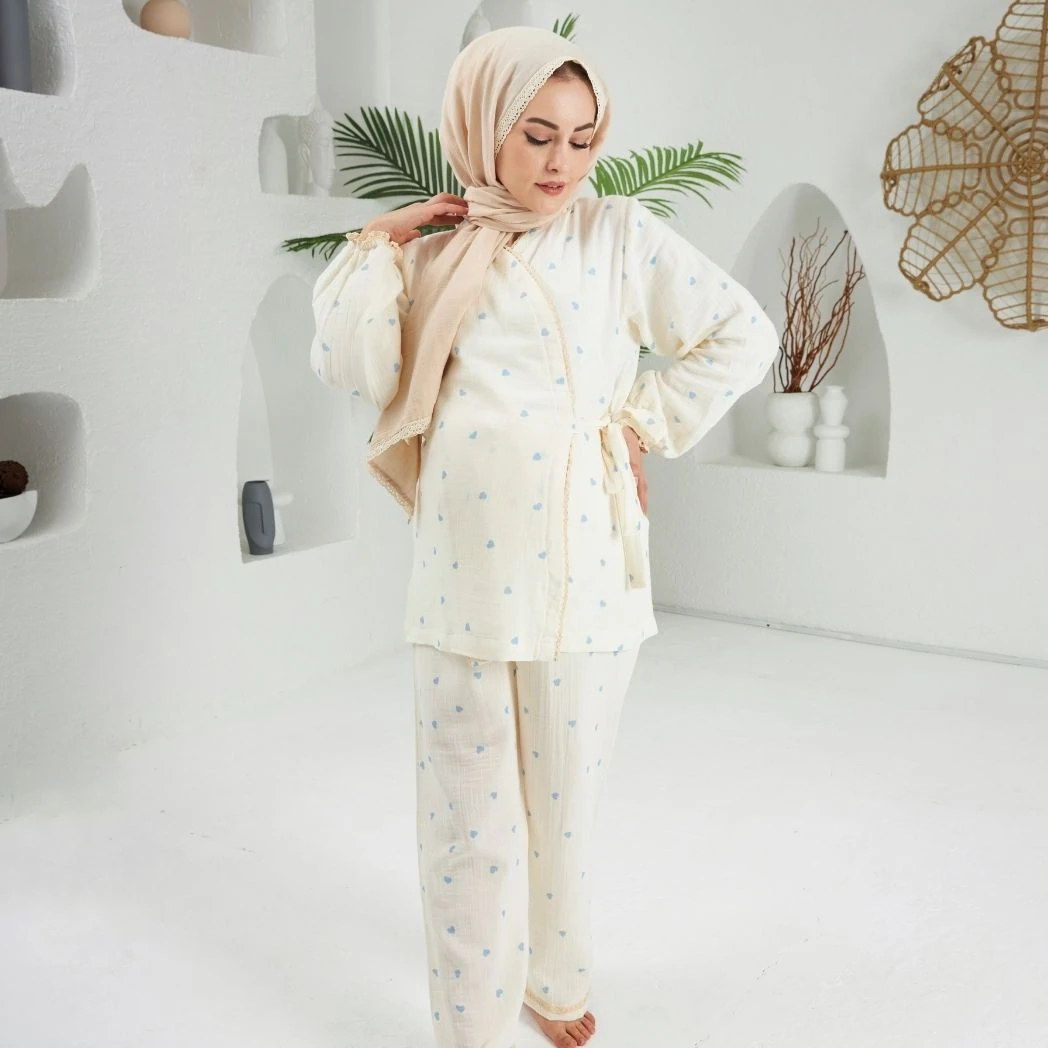 Lohusa Takımı | Alt Üst Pijama Takımı | Kalp Desenli | DLB 1003 - Mavi