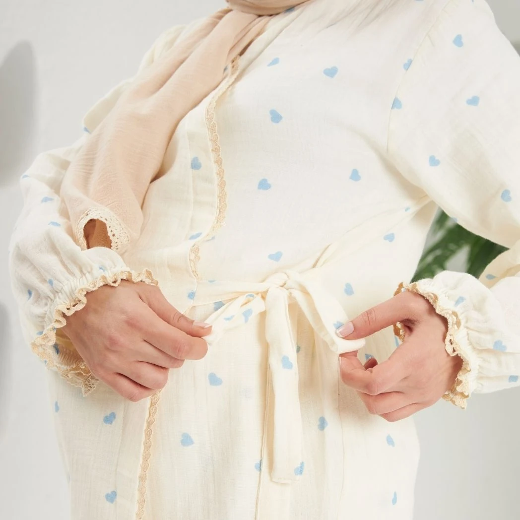 Lohusa Takımı | Alt Üst Pijama Takımı | Kalp Desenli | DLB 1003 - Mavi