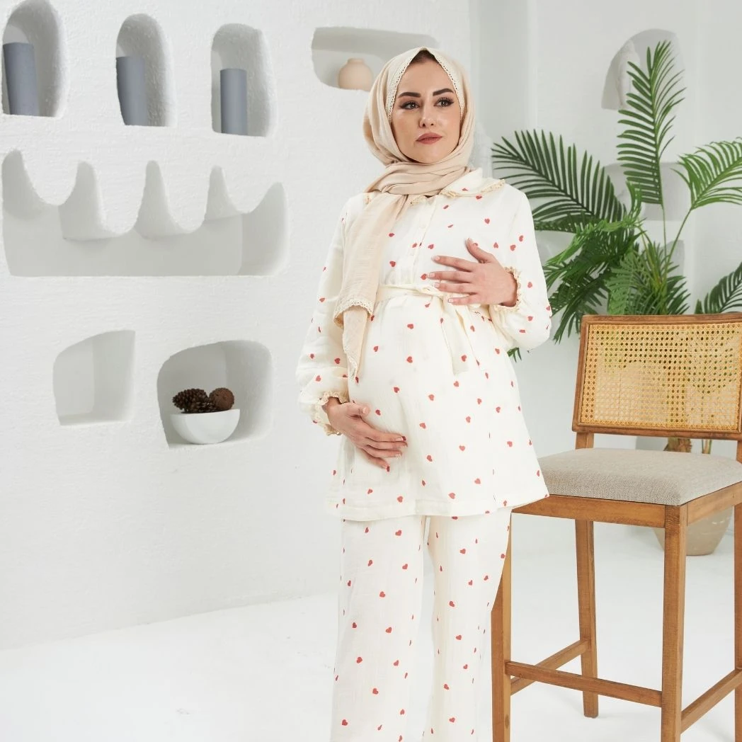 Bebe Yaka Pijama Takımı | Lohusa Takımı | Kalp Desenli | DLB 1004