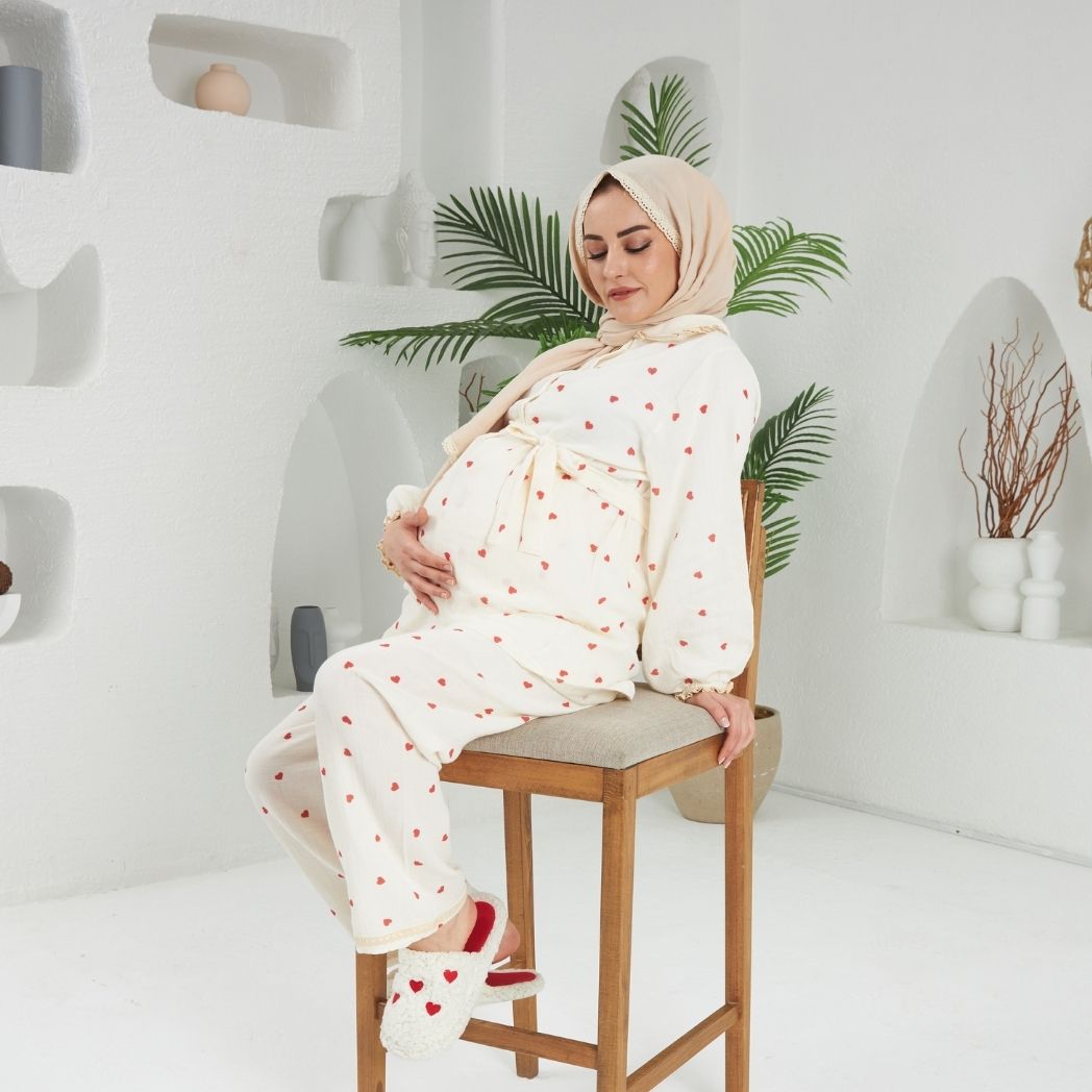 Bebe Yaka Pijama Takımı | Lohusa Takımı | Kalp Desenli | DLB 1004 - Kırmızı