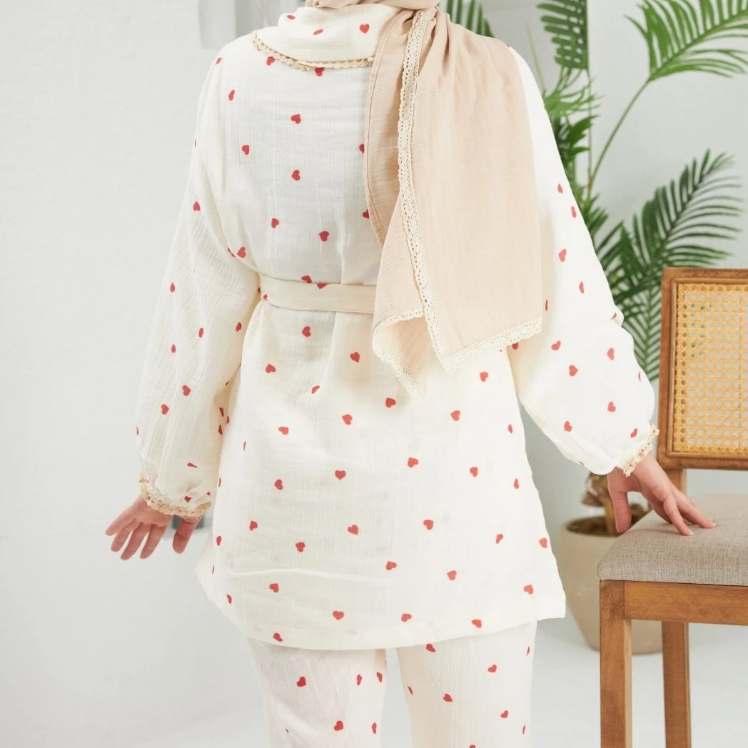 Bebe Yaka Pijama Takımı | Lohusa Takımı | Kalp Desenli | DLB 1004