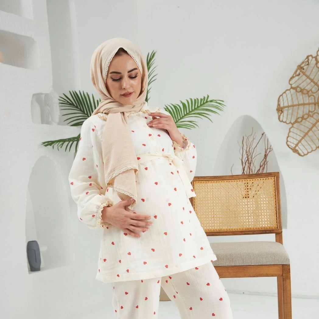 Bebe Yaka Pijama Takımı | Lohusa Takımı | Kalp Desenli | DLB 1004