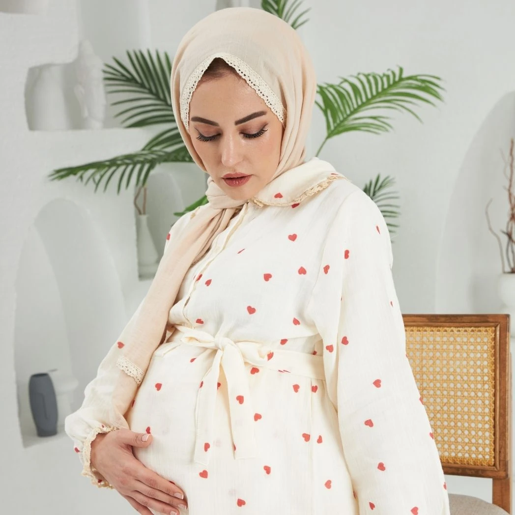 Bebe Yaka Pijama Takımı | Lohusa Takımı | Kalp Desenli | DLB 1004