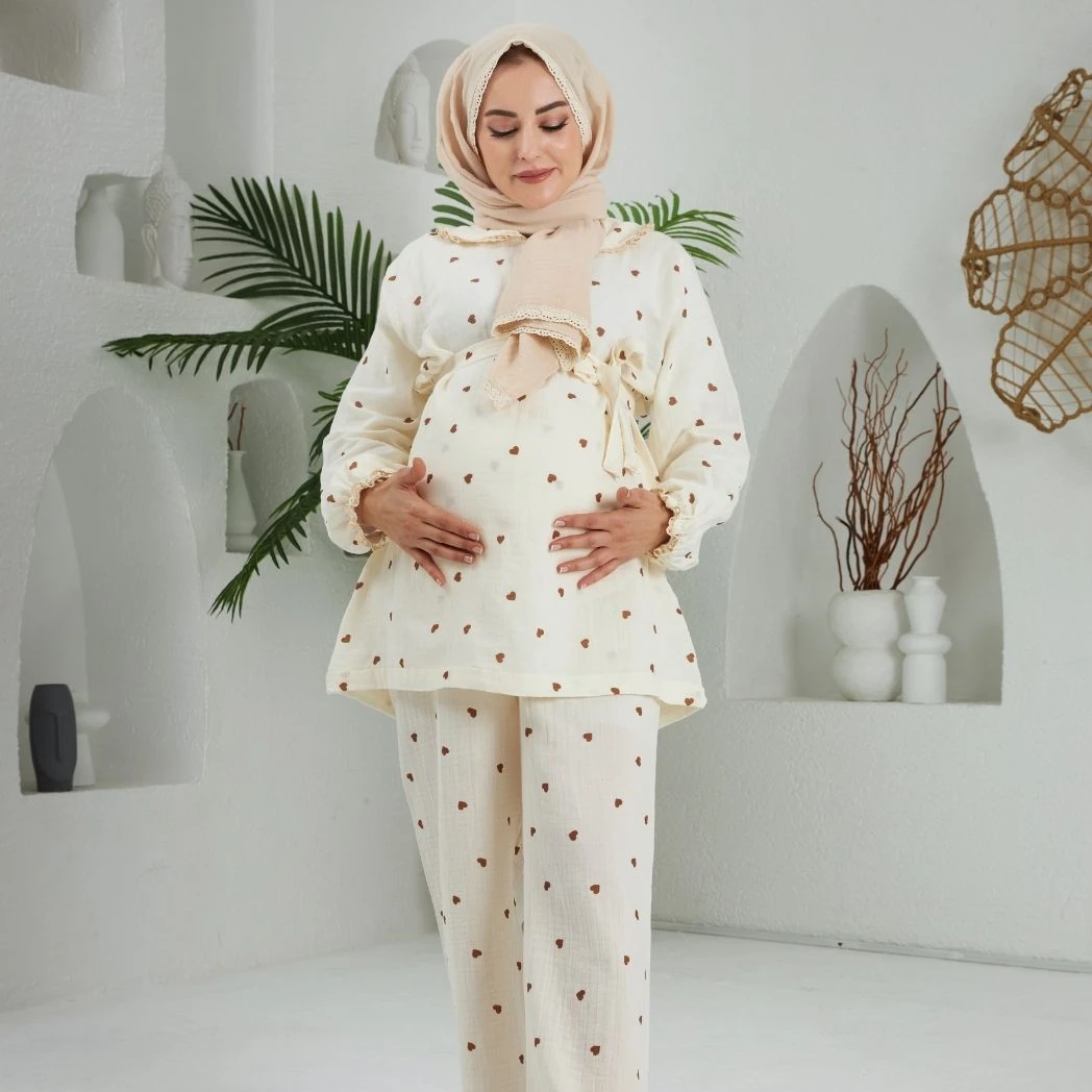 Bebe Yaka Pijama Takımı | Lohusa Takımı | Kalp Desenli | DLB 1004 - Kahverengi