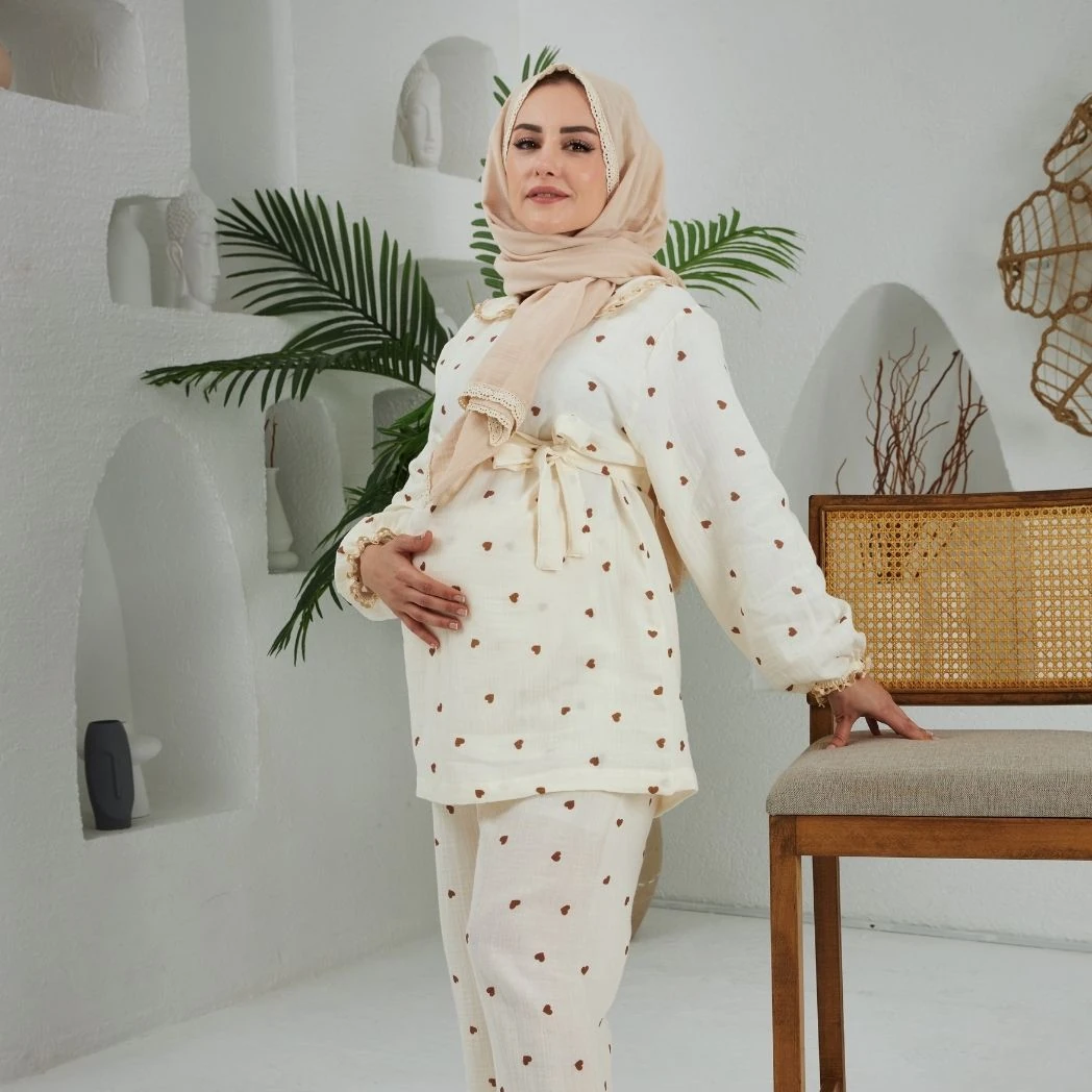 Bebe Yaka Pijama Takımı | Lohusa Takımı | Kalp Desenli | DLB 1004 - Kahverengi