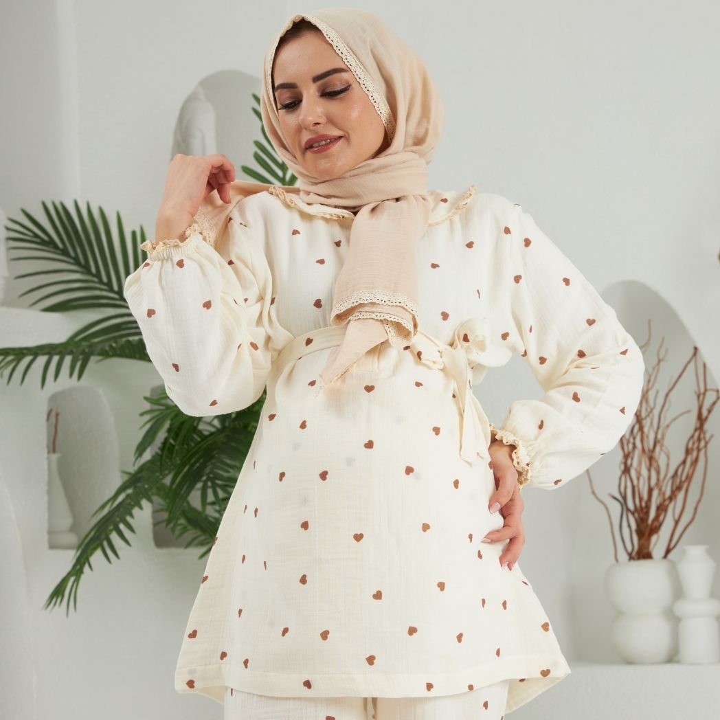 Bebe Yaka Pijama Takımı | Lohusa Takımı | Kalp Desenli | DLB 1004 - Kahverengi