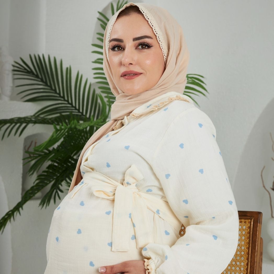 Bebe Yaka Pijama Takımı | Lohusa Takımı | Kalp Desenli | DLB 1004 - Mavi