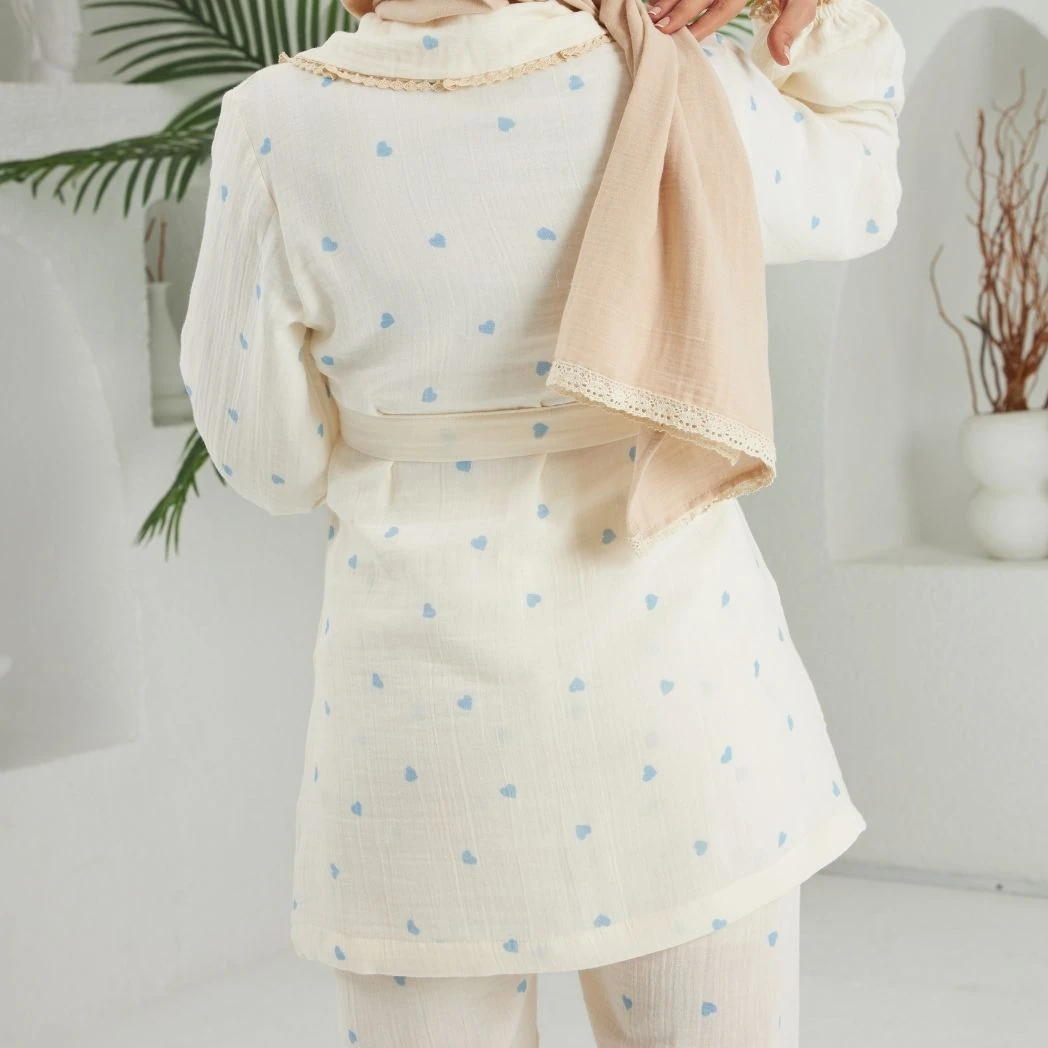 Bebe Yaka Pijama Takımı | Lohusa Takımı | Kalp Desenli | DLB 1004 - Mavi