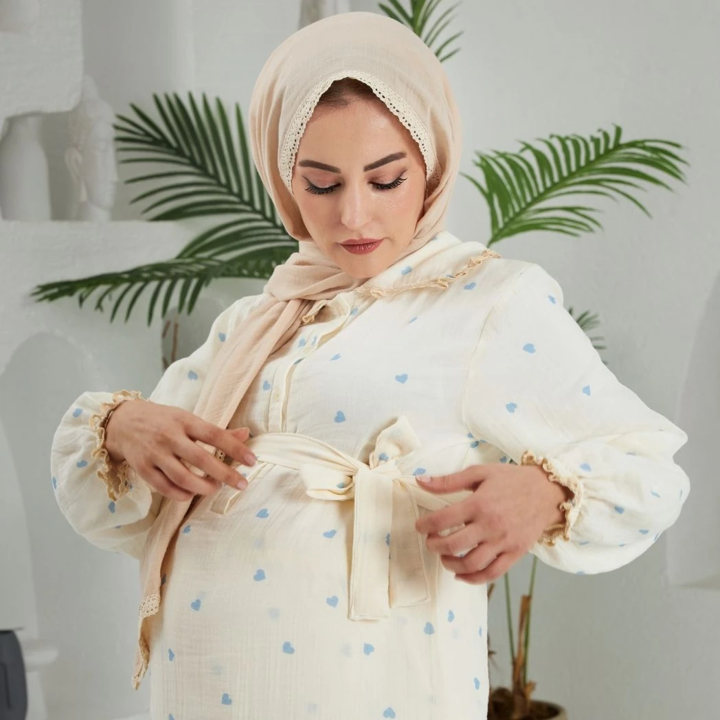 Bebe Yaka Pijama Takımı | Lohusa Takımı | Kalp Desenli | DLB 1004 - Mavi