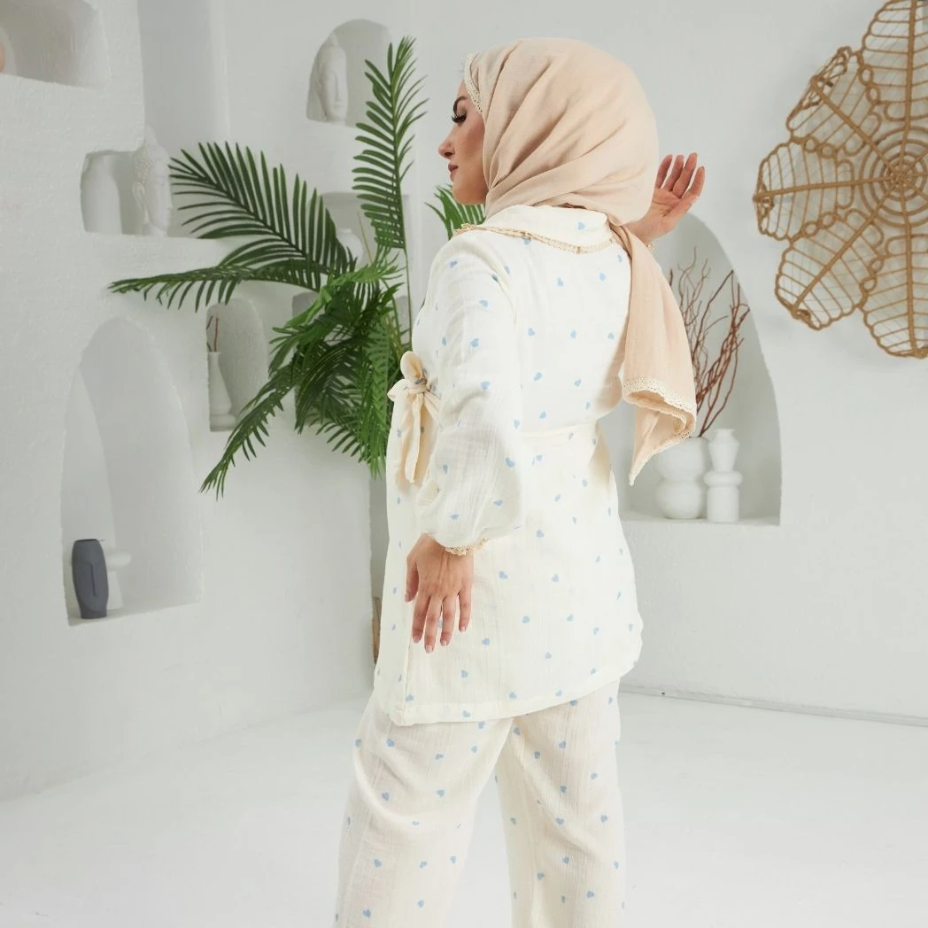 Bebe Yaka Pijama Takımı | Lohusa Takımı | Kalp Desenli | DLB 1004 - Mavi