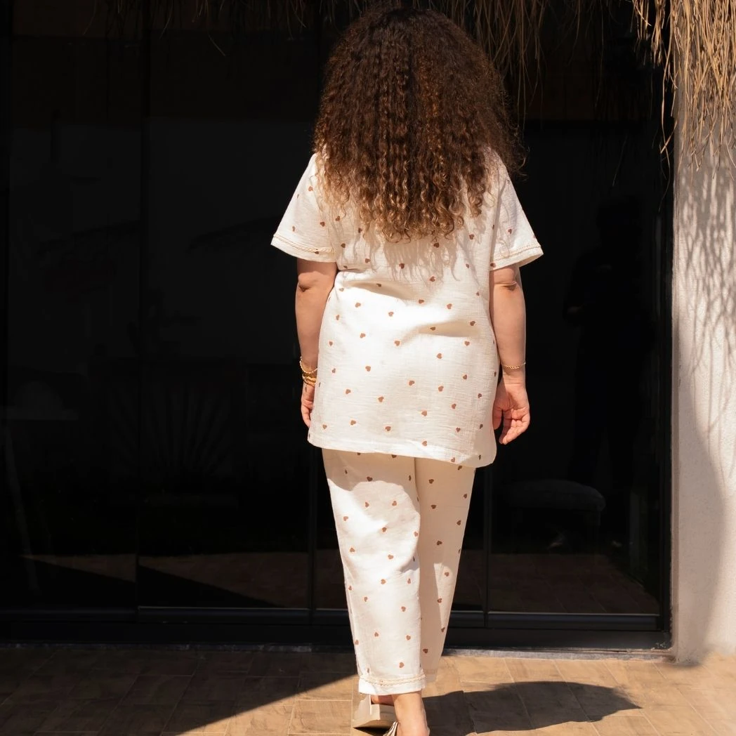 Kısa Kollu Pijama Takımı | Lohusa Takımı | Kalp Desenli DLB 1002 - Kahverengi