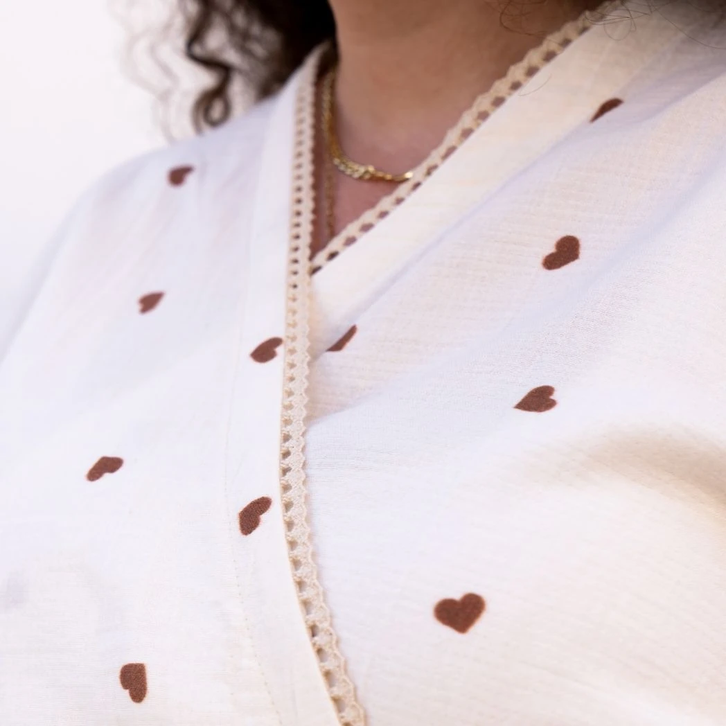 Kısa Kollu Pijama Takımı | Lohusa Takımı | Kalp Desenli DLB 1002 - Kahverengi