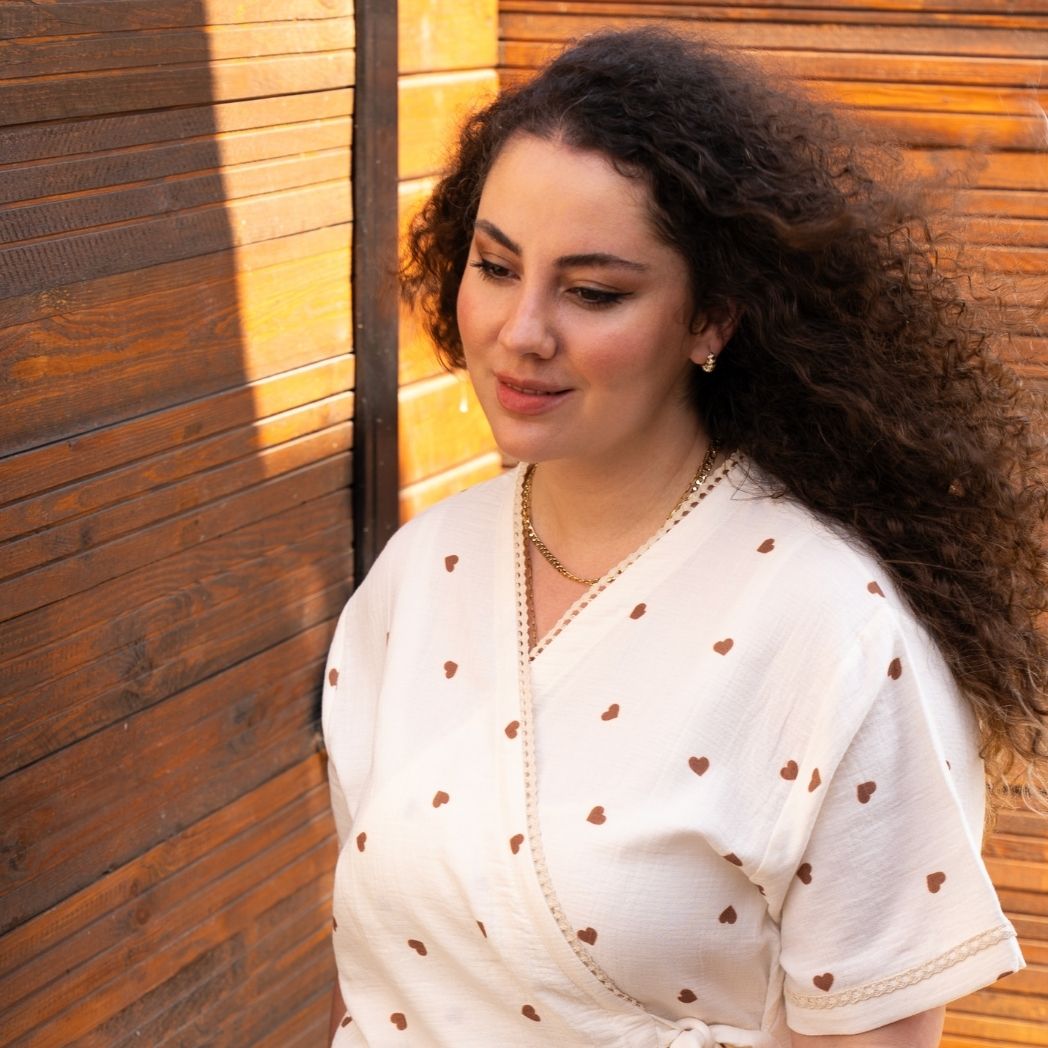 Kısa Kollu Pijama Takımı | Lohusa Takımı | Kalp Desenli DLB 1002 - Kahverengi