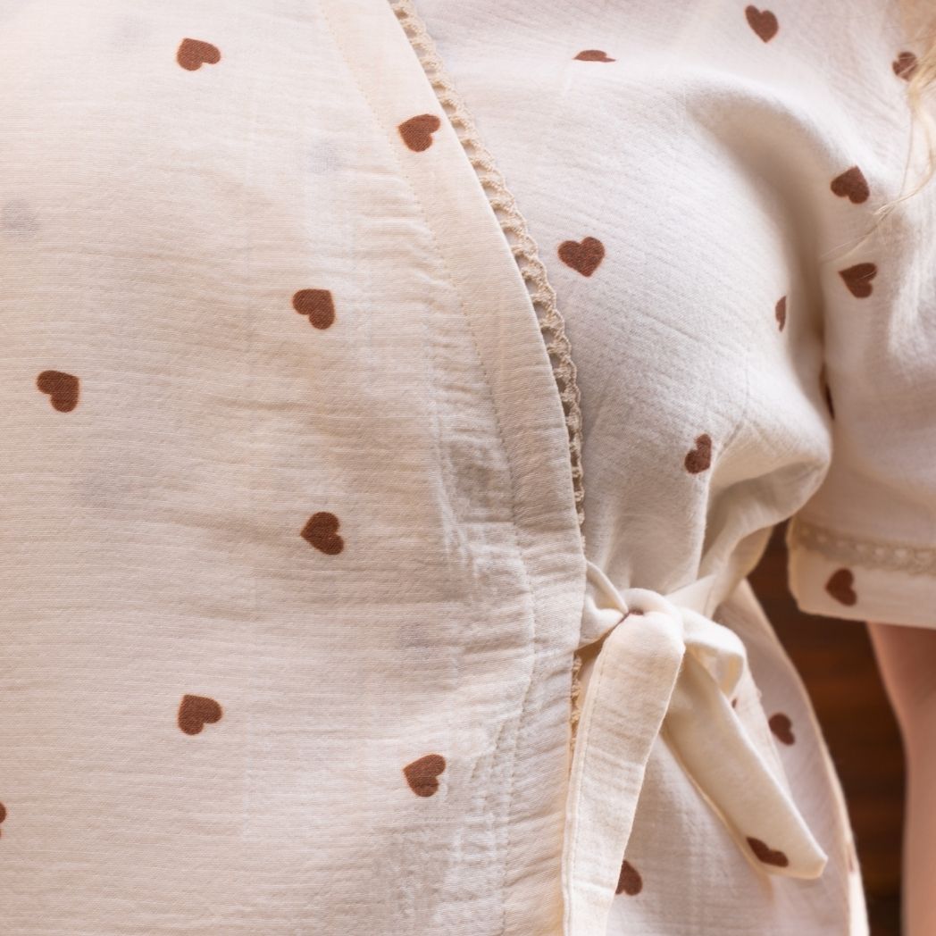 Kısa Kollu Pijama Takımı | Lohusa Takımı | Kalp Desenli DLB 1002 - Kahverengi