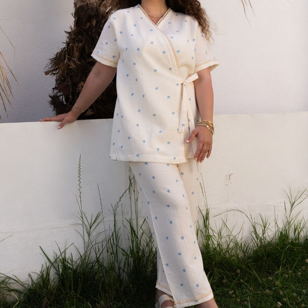 Kısa Kollu Pijama Takımı | Lohusa Takımı | Kalp Desenli DLB 1002 - Mavi