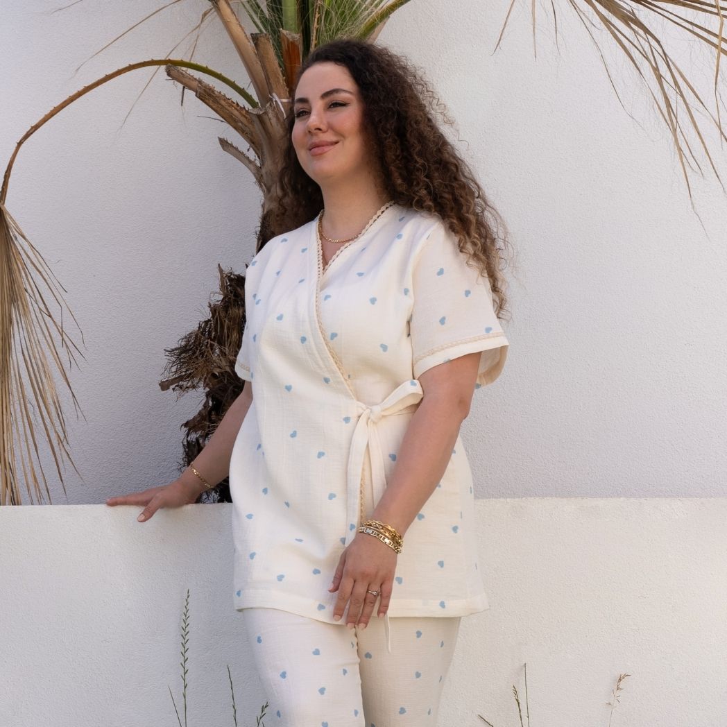 Kısa Kollu Pijama Takımı | Lohusa Takımı | Kalp Desenli DLB 1002 - Mavi