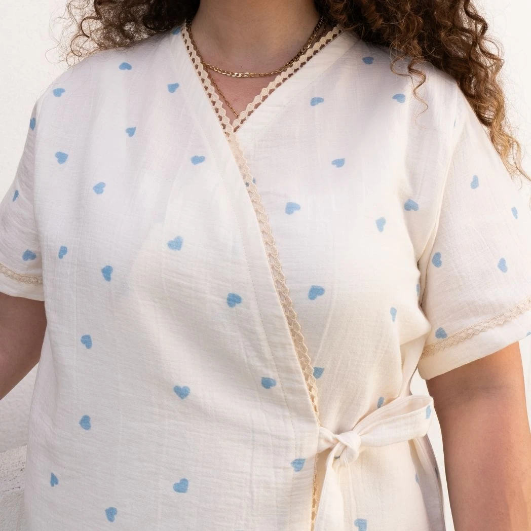 Kısa Kollu Pijama Takımı | Lohusa Takımı | Kalp Desenli DLB 1002 - Mavi