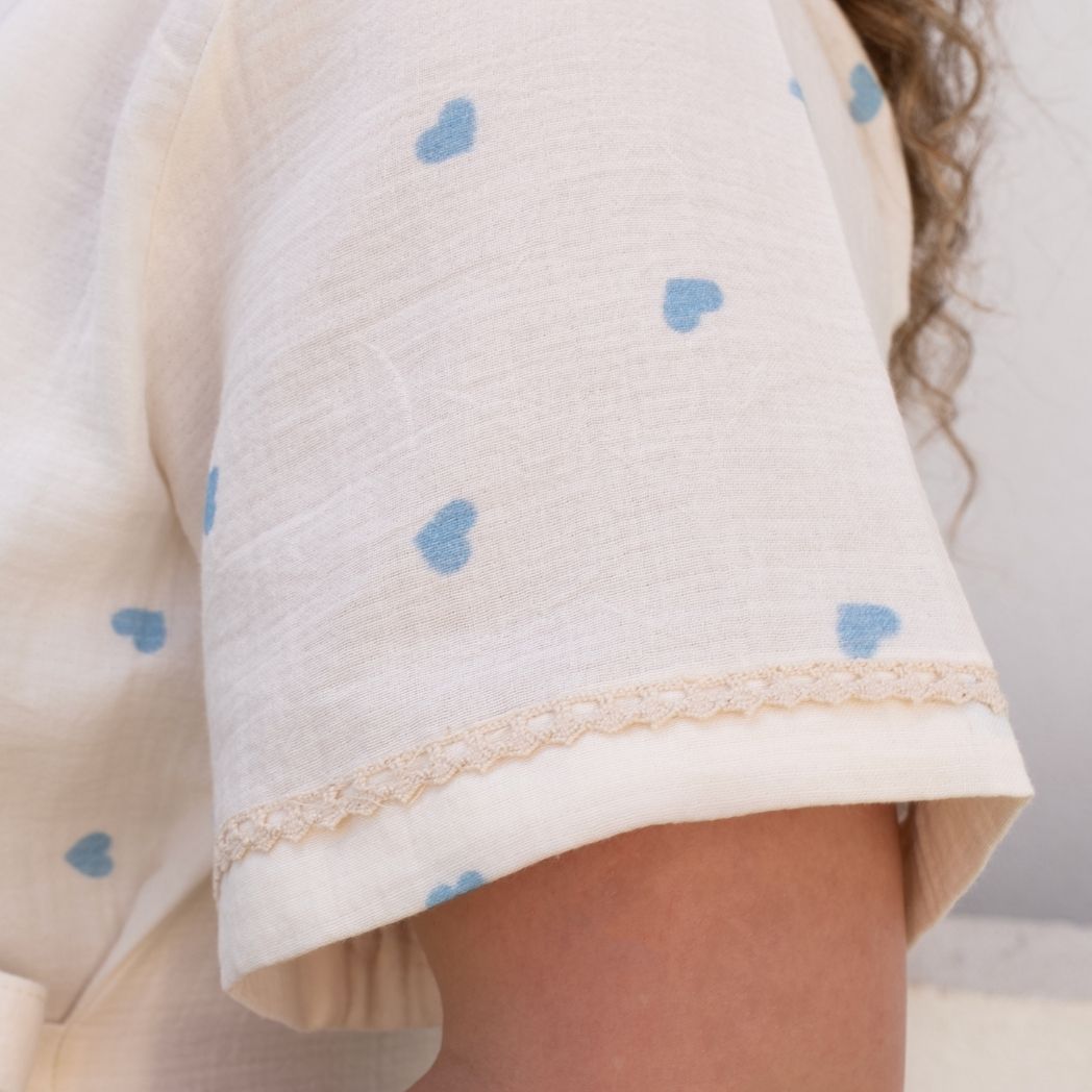 Kısa Kollu Pijama Takımı | Lohusa Takımı | Kalp Desenli DLB 1002 - Mavi