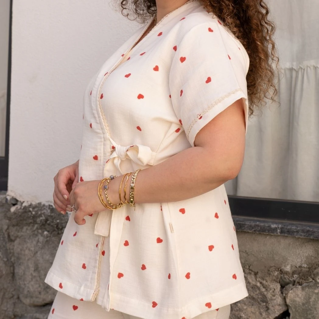 Kısa Kollu Pijama Takımı | Lohusa Takımı | Kalp Desenli DLB 1002