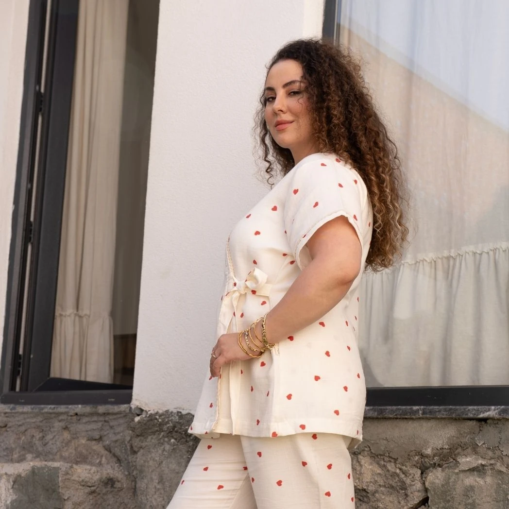 Kısa Kollu Pijama Takımı | Lohusa Takımı | Kalp Desenli DLB 1002