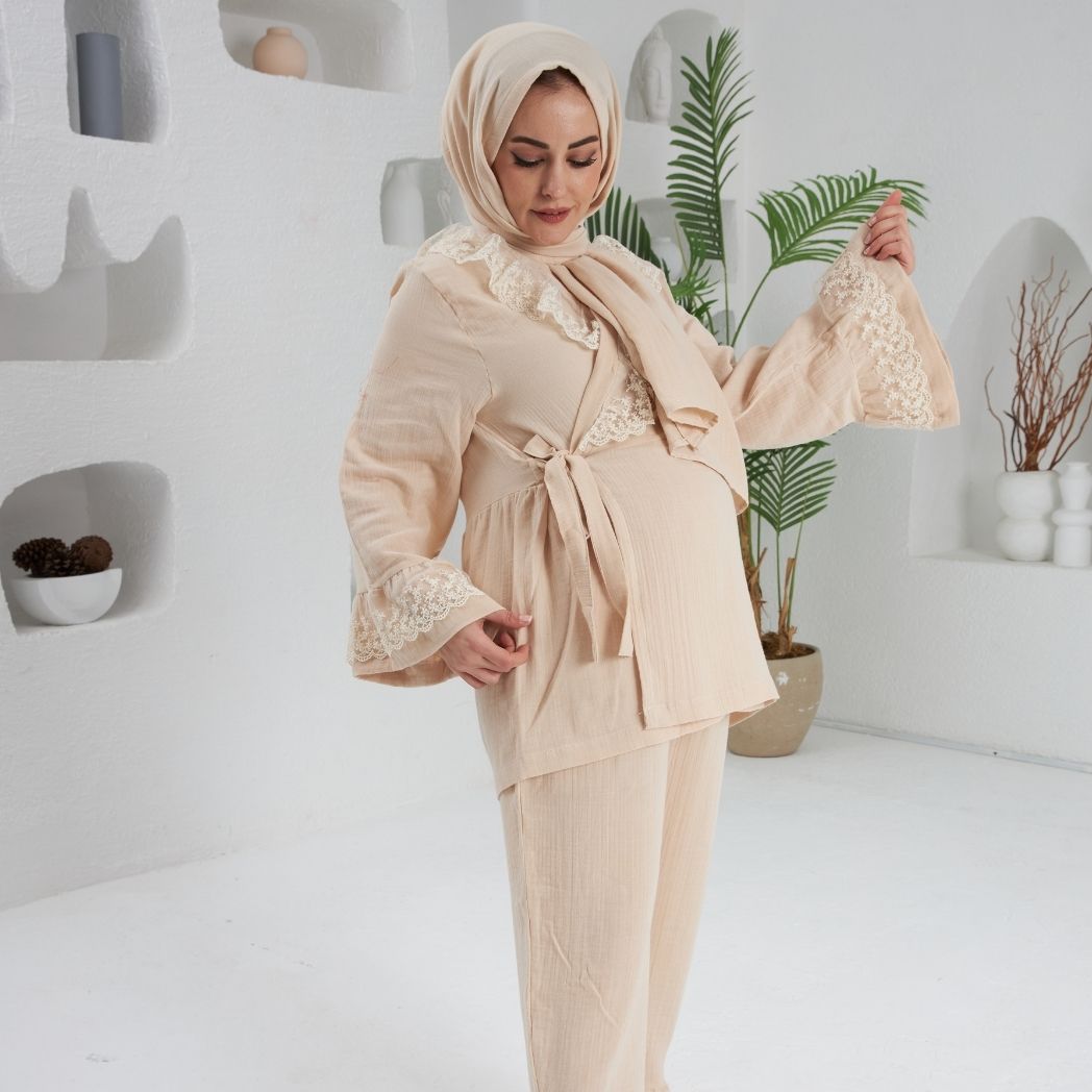 Pijama Takımı | Lohusa Takımı | Prenses Serisi - Bej