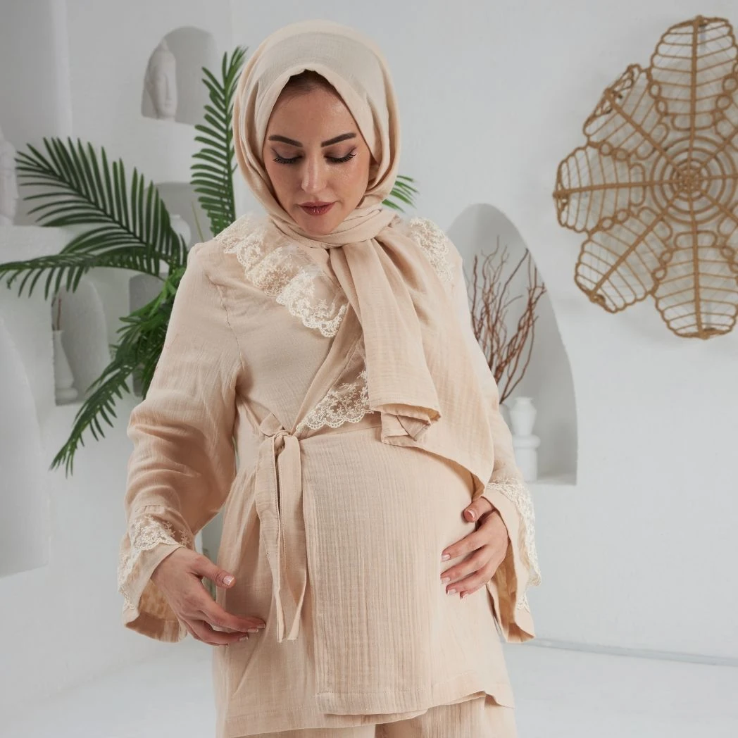 Pijama Takımı | Lohusa Takımı | Prenses Serisi - Bej