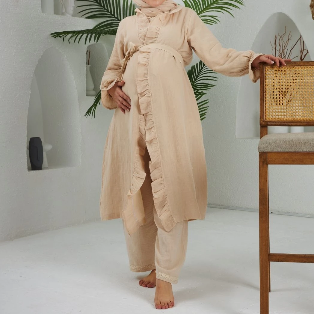 Sabahlık | %100 Organik Pamuk Müslin | Beyaz | Melek Serisi - Bej