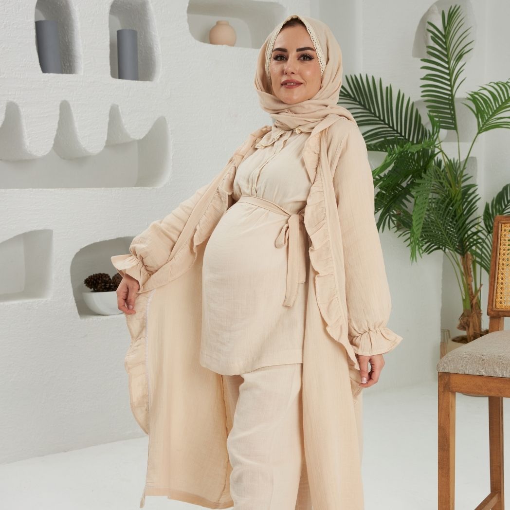 Pijama Takımı 3'lü Set | Sabahlık | Melek Serisi - Krem