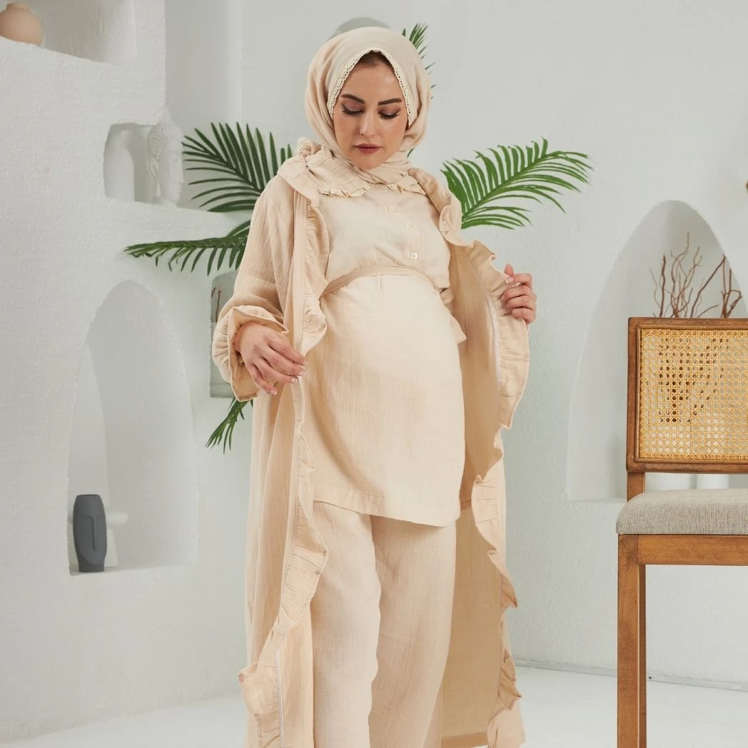 Pijama Takımı 3'lü Set | Sabahlık | Melek Serisi - Krem