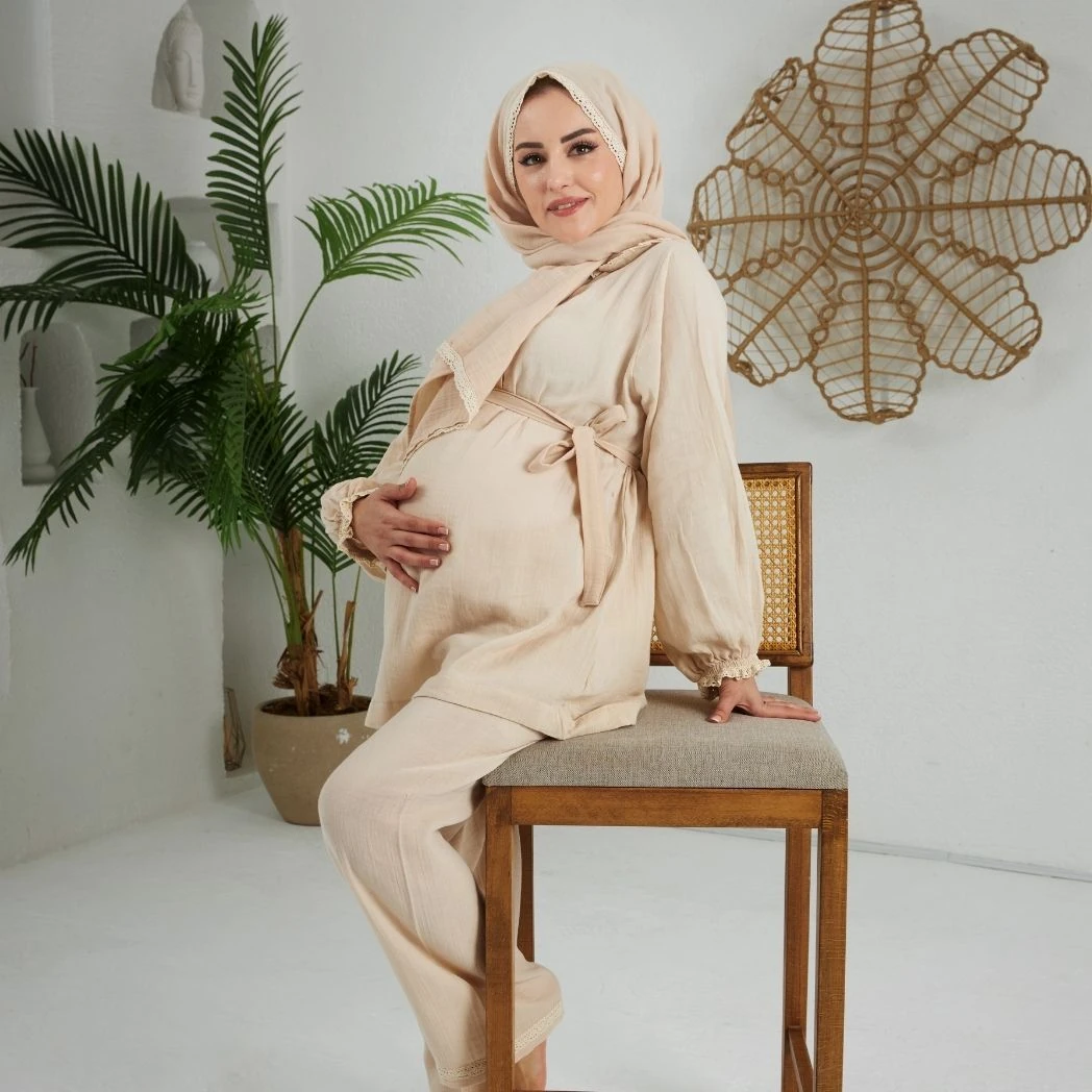 Pijama Takımı 3'lü Set | Sabahlık | Melek Serisi - Krem