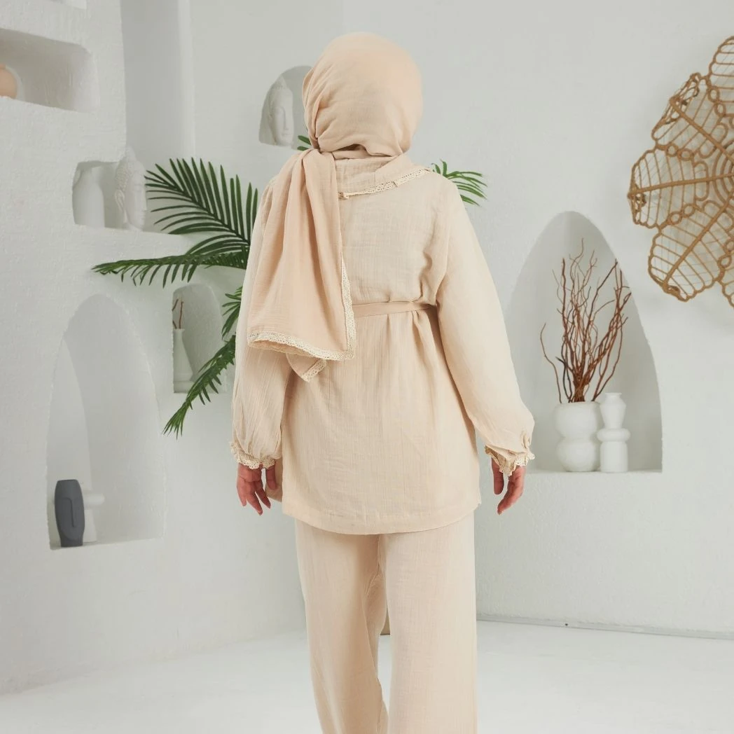 Pijama Takımı 3'lü Set | Sabahlık | Melek Serisi - Krem