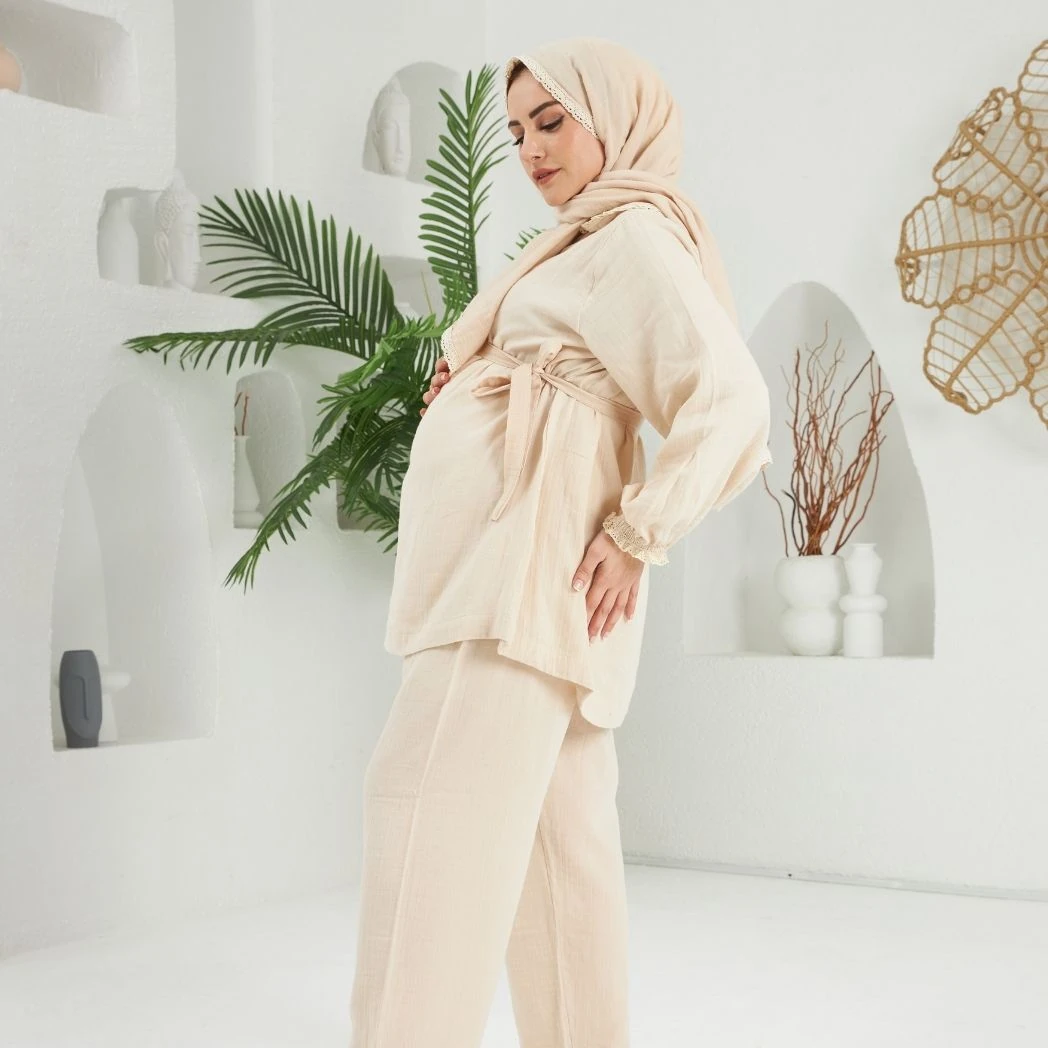 Pijama Takımı 3'lü Set | Sabahlık | Melek Serisi - Krem