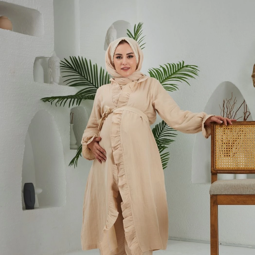 Pijama Takımı 3'lü Set | Sabahlık | Melek Serisi - Krem