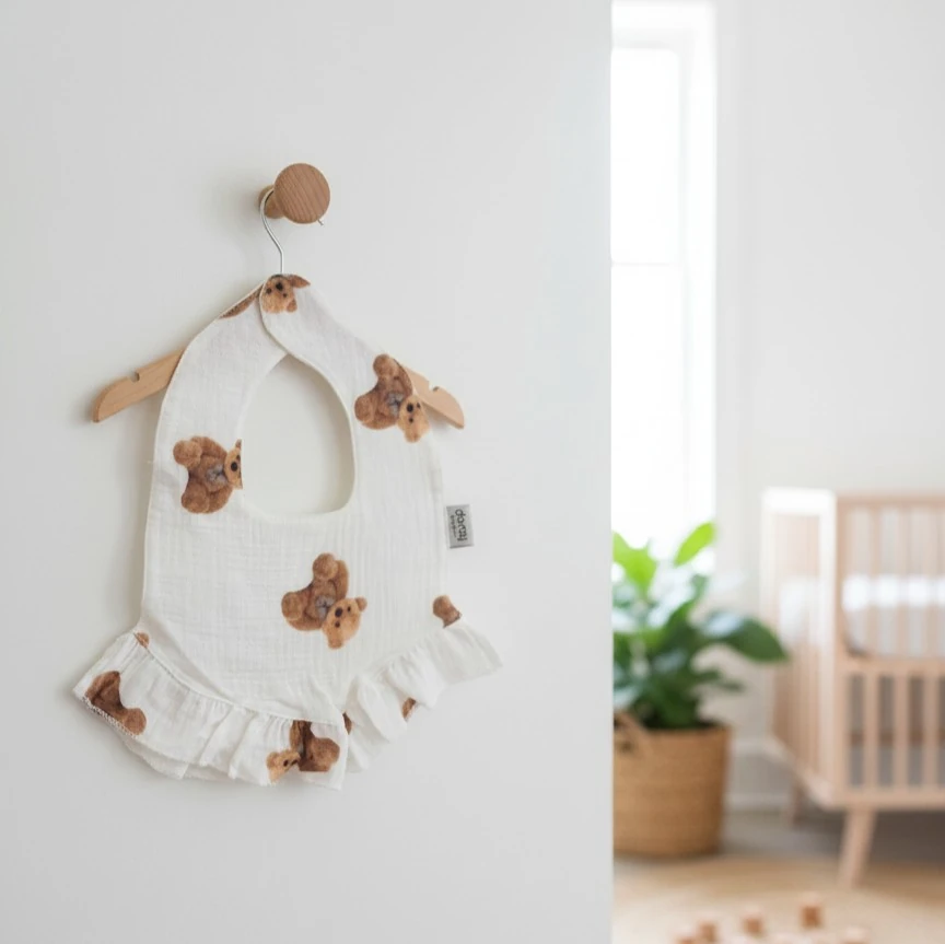 %100 Organik Müslin Önlük / Bebek Mama Önlüğü - Ayı