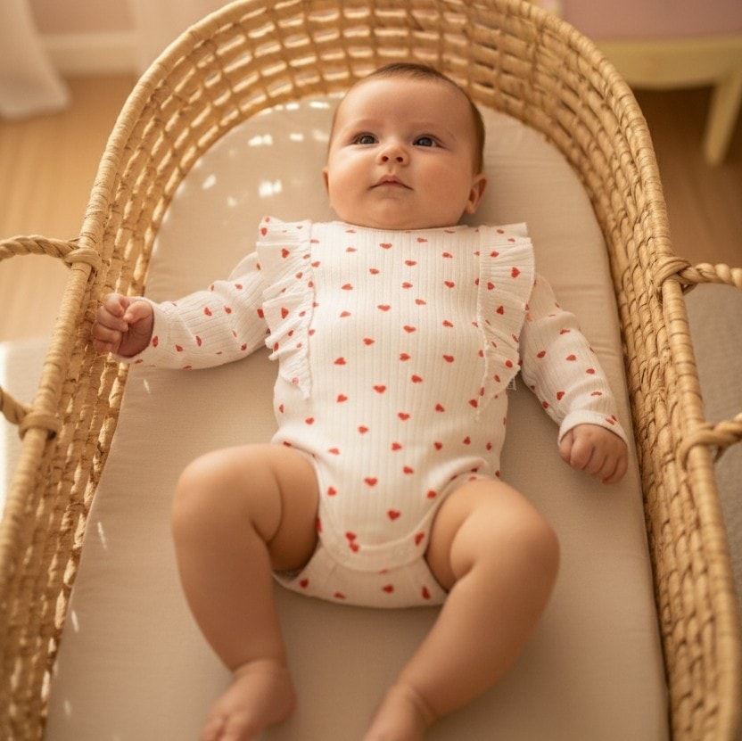 Fırfırlı Kalp Desenli Uzun Kollu Bebek Body