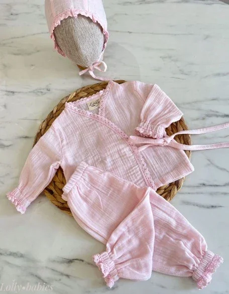 Kız Bebek Müslin Alt Üst Takım 3'lü Set | Yenidoğan & Bebek Giyim - Açık Pembe