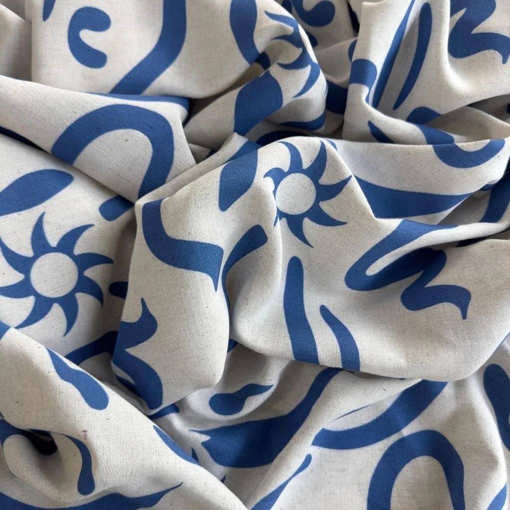 Toptan Viskon Keten Kumaş / Soyut Desenli  / DRY - 164 - Koyu Mavi