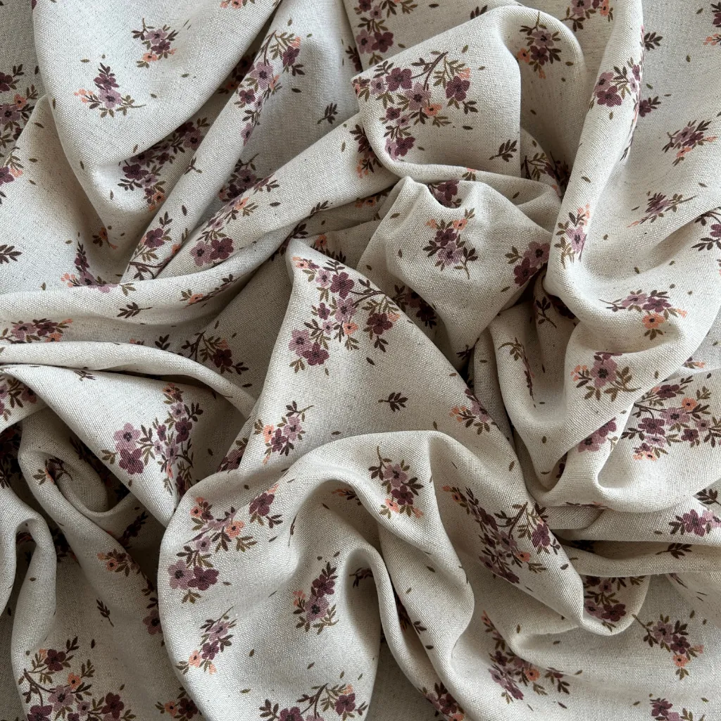 Toptan Viskon Keten Kumaş / Çıtır Çiçek Desenli  / DRY - 134 - Gül Kurusu